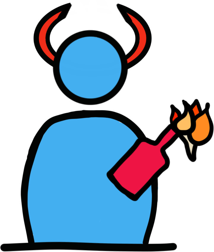 a blue figure with red horns holding a red molotov cocktail.